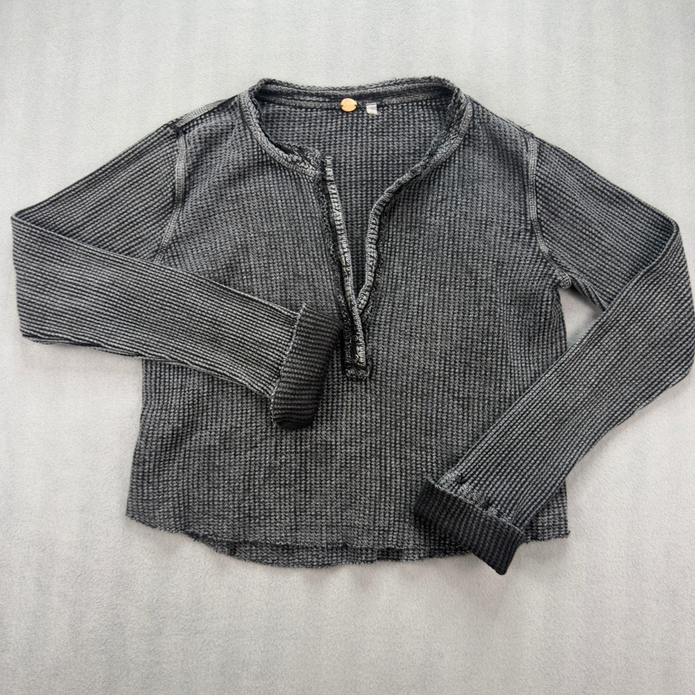 Free People FP One Waffle Knit Henley Top Charcoal Gray Acid Wash Cotton Small